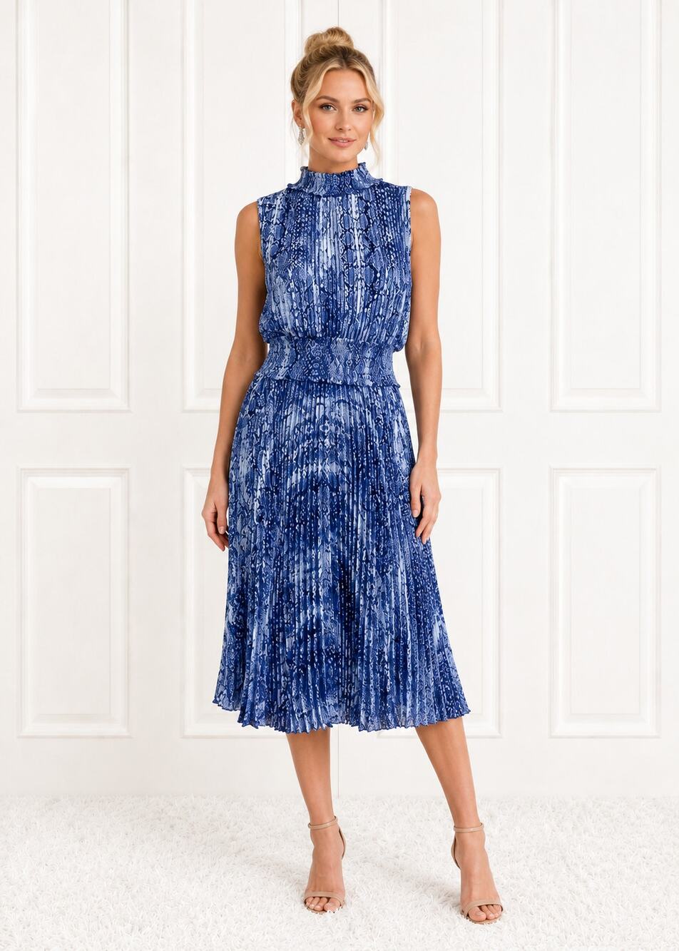 NWT Nanette Lepore Smocked Pleated Midi Blue Dress